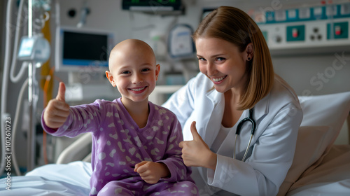 Happy child patient and female doctor sitting on bed and giving thumbs up. Bald kid in purple pajamas smiling together with pediatrician during medical examination in hospital room. Childhood cancer.