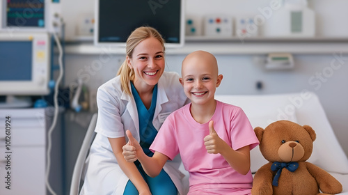 Happy girl cancer patient with teddy bear in hospital room with female doctor. Child showing thumbs up during medical examination. Childhood cancer awareness. photo