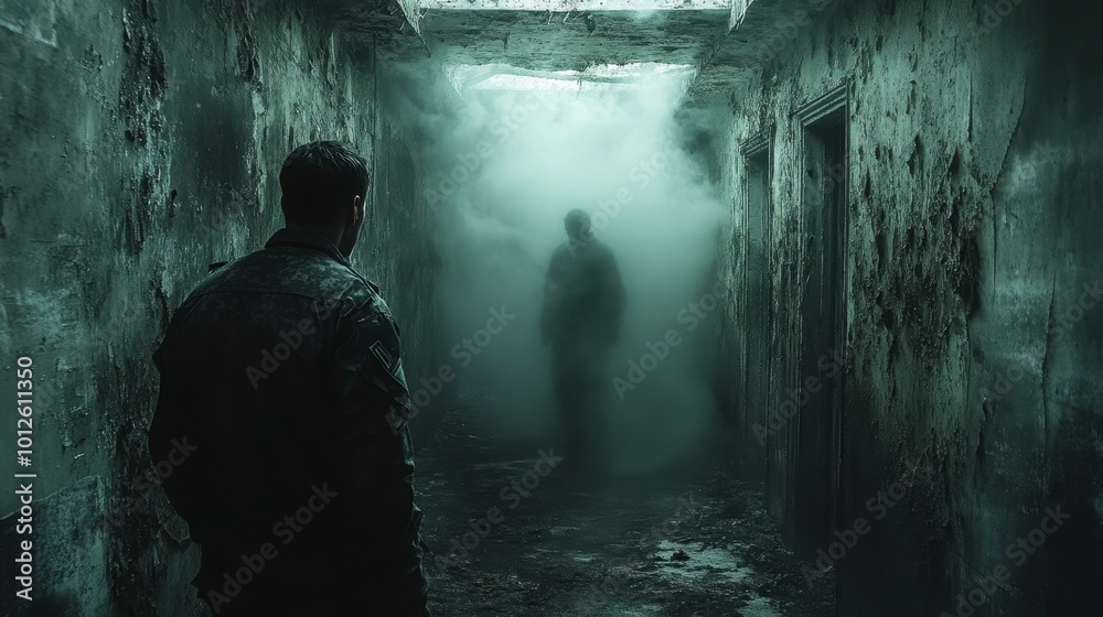 A tense confrontation scene where a military personnel is facing a translucent ghost in a dark, decaying hallway of an old, crumbling building, with dust particles illuminated in the dim light A tense confrontation scene where a military personnel is facing a translucent ghost in a dark, decaying hallway of an old, crumbling building, with dust particles illuminated in the dim light