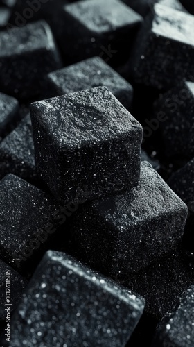 A hyper-realistic closeup of black foam cubes, set against a minimalistic dark background in a macro shot, enhanced by octane render high contrast and cinema4D precision.