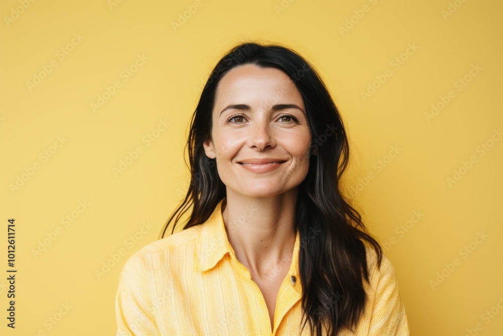 Portrait of a smiling woman looking at camera isolated over yellow background Portrait of a smiling woman looking at camera isolated over yellow background