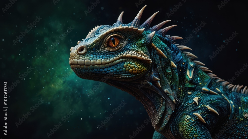 A blue and green lizard with a spiky back, looking off to the side with a starry background. A blue and green lizard with a spiky back, looking off to the side with a starry background.