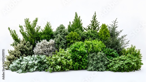 lush, neatly clipped garden shrubs in varying shades of green, beautifully arranged against a crisp white backdrop.