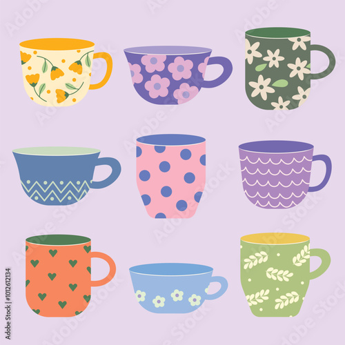 Set of cups, Tea coffee vintage cup set vector illustration. Colorful cups design.