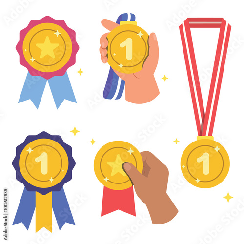 Set of medals, Gold trophy, badge, certificate and award icon collection.