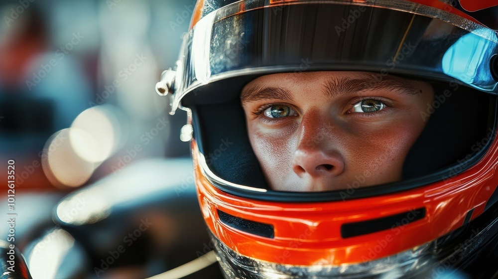 The image depicts a race car driver wearing a helmet, gazing intently ahead, exhibiting an atmosphere suggestive of a competitive motorsport. The image depicts a race car driver wearing a helmet, gazing intently ahead, exhibiting an atmosphere suggestive of a competitive motorsport.