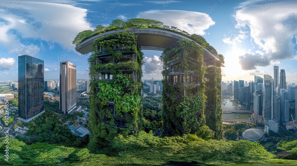 Fototapeta premium An immersive 360-degree equirectangular panorama of Singapore in the future, showcasing vertical farms and green rooftops providing fresh