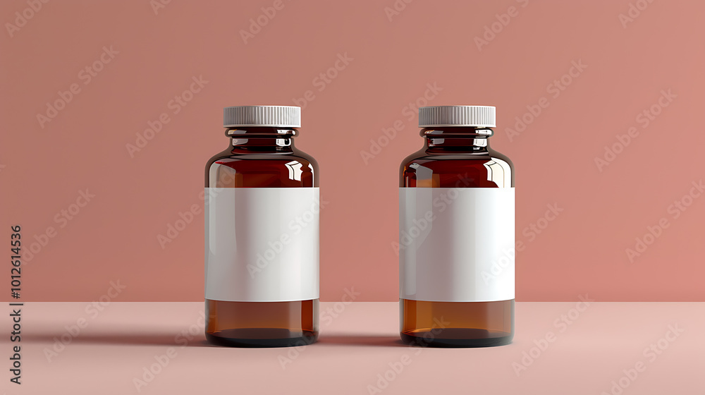 Two amber glass bottles with blank white labels sit on a pink surface, ready for your brand design. Two amber glass bottles with blank white labels sit on a pink surface, ready for your brand design.