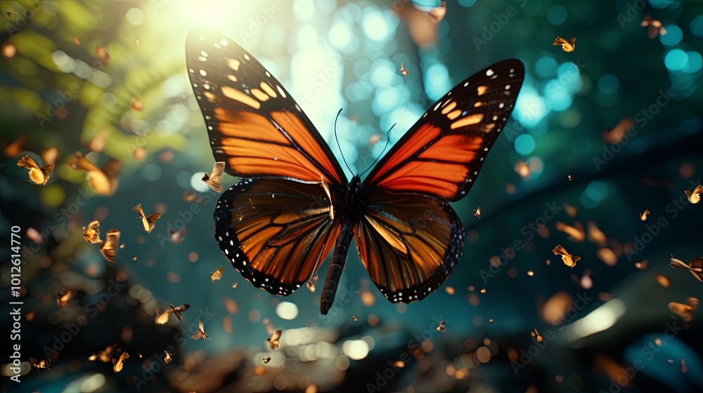 A single butterfly hovers amidst a flurry of fallen leaves, bathed in the ethereal glow of the setting sun. A single butterfly hovers amidst a flurry of fallen leaves, bathed in the ethereal glow of the setting sun.