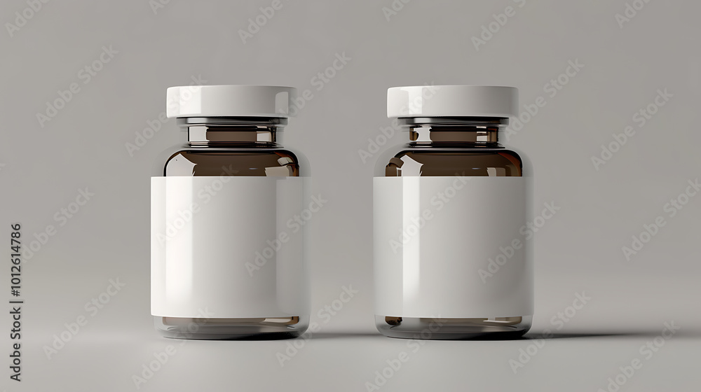 Two amber glass bottles with white labels, perfect for showcasing your product. Two amber glass bottles with white labels, perfect for showcasing your product.