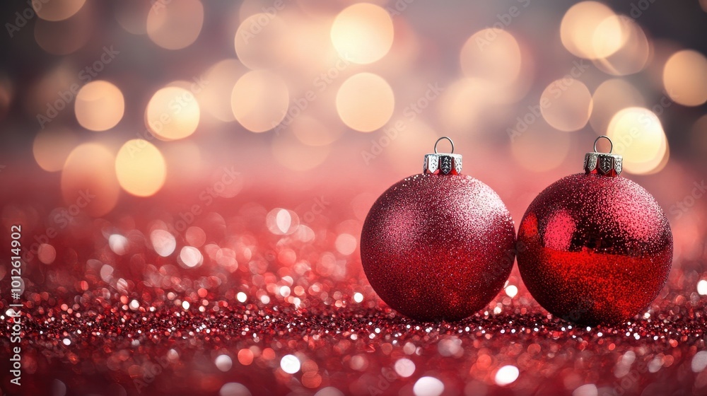 Sparkling red Christmas ornaments on glittering surface with bokeh lights in festive ambiance Sparkling red Christmas ornaments on glittering surface with bokeh lights in festive ambiance
