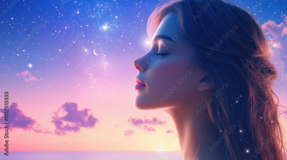 A stunning woman gazes at the stars and moon with the seas gentle waves reflecting in the background. A stunning woman gazes at the stars and moon with the seas gentle waves reflecting in the background.