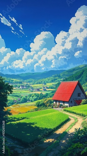 A red-roofed farmhouse sits peacefully among vibrant green rice fields, with a distant village and rolling hills beneath a bright blue sky filled with towering clouds in this anime landscape.