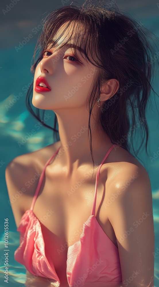 A vibrant pink onepiece dress shines in this cheerful poolside shoot, capturing beauty and joy with a charming smile.