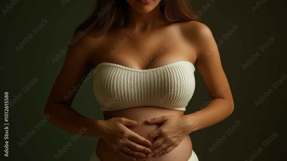 Naklejka premium A chubby Korean woman stands confidently, hands on her belly, showcasing her unique body shape with a serious expression.