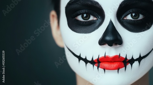 A striking skull makeup design with bold colors and captivating eyes, ideal for Halloween festivities and art portrayals.