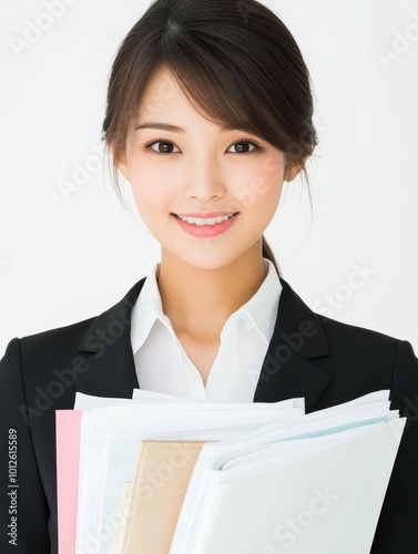 A poised 2yearold professional in a crisp white shirt and suit, exuding confidence while holding important documents. photo