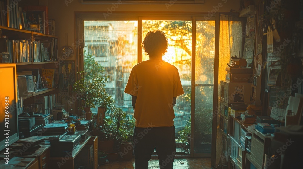 A wide view of the boy standing at the window in an 80’s Japanese cartoon-style room, the rain falling gently outside as warm, nostalgic light fills the room A wide view of the boy standing at the window in an 80’s Japanese cartoon-style room, the rain falling gently outside as warm, nostalgic light fills the room