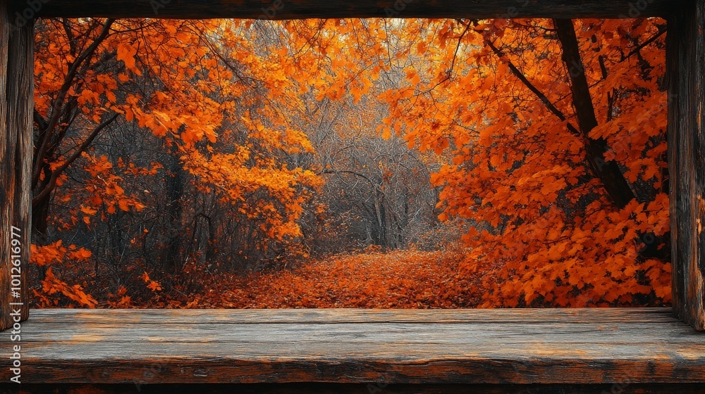A wooden table framed by a forest of vibrant orange fall foliage. The autumn colors enhance the rustic charm and seasonal atmosphere A wooden table framed by a forest of vibrant orange fall foliage. The autumn colors enhance the rustic charm and seasonal atmosphere