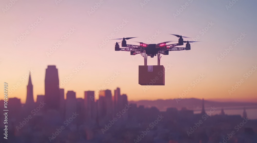 Drone delivering a package in an urban skyline at sunset Drone delivering a package in an urban skyline at sunset