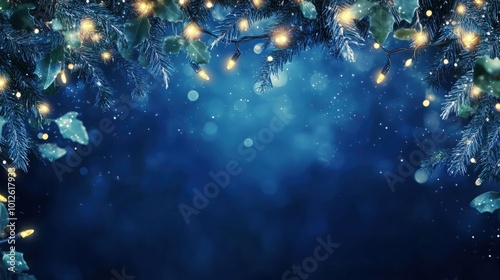 Elegant blue Christmas garland with twinkling lights, hanging gracefully to create a festive and inviting holiday background