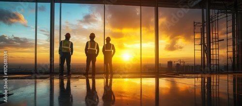 Three construction workers stand in a large window looking out at the sunset over a city skyline.