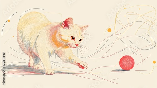 The cat is playing with a toy ball in a modern illustration in one line