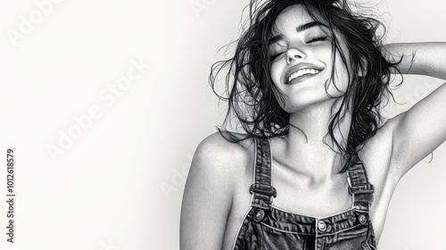 Playful smiling beautiful young woman in denim overalls unbuttoning one strap with a flirty smile sketch engraving generative ai raster illustration. Scratch board imitation. Black and white image.