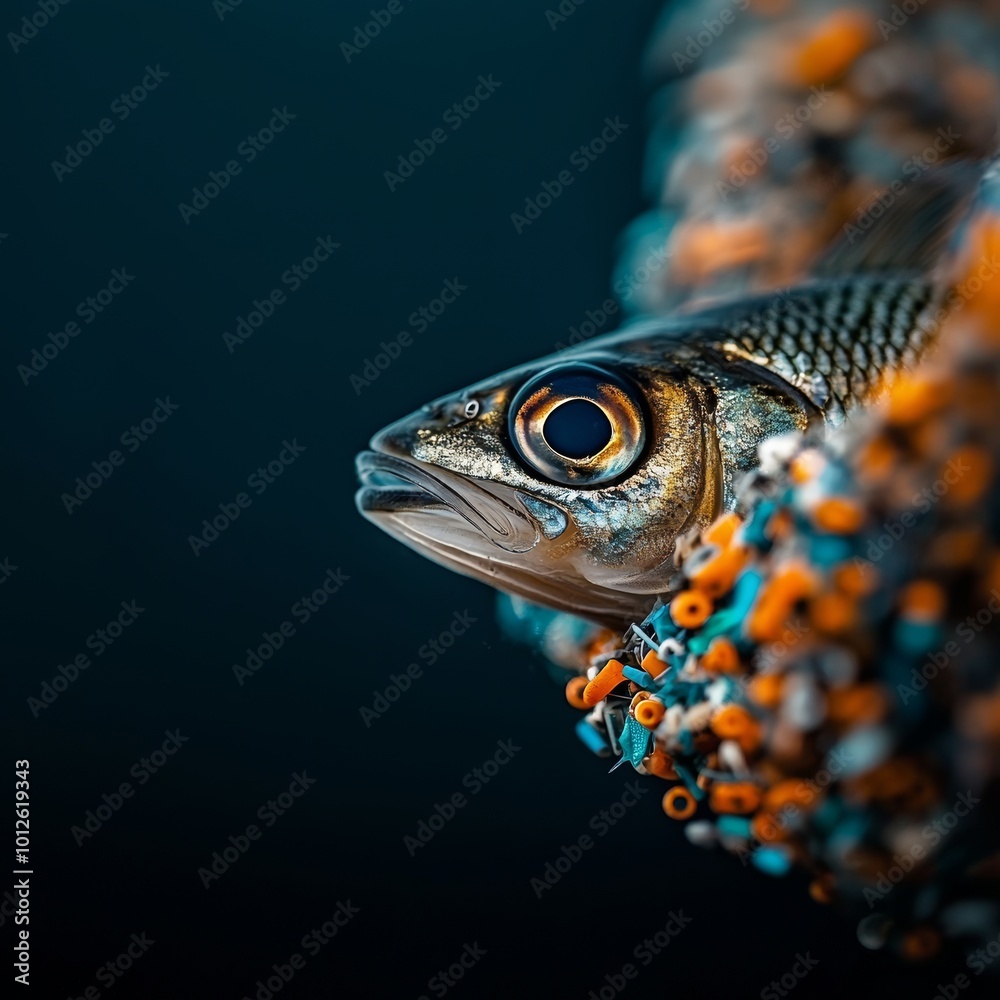 Fototapeta premium Devastating Consequences of Microplastic Pollution: Close-up of Fish with Microplastics in its System, Affecting the Food Chain