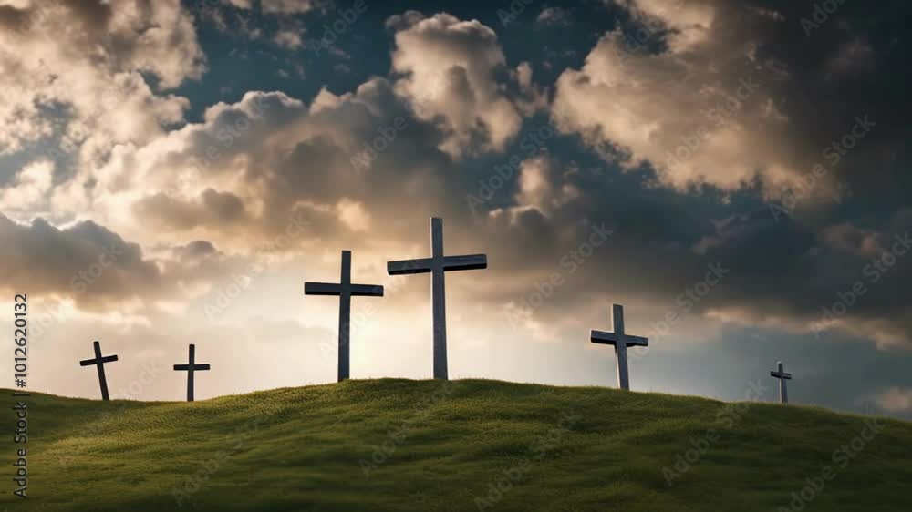 Three crosses are positioned on a hill under a star-filled sky, with ...