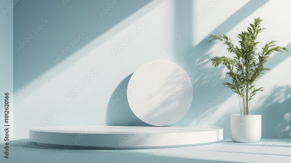 Elegant podium in a minimal setting with an abstract pastel blue and white background. Geometric shapes enhance this 3D render, making it ideal for social media and product showcases Elegant podium in a minimal setting with an abstract pastel blue and white background. Geometric shapes enhance this 3D render, making it ideal for social media and product showcases