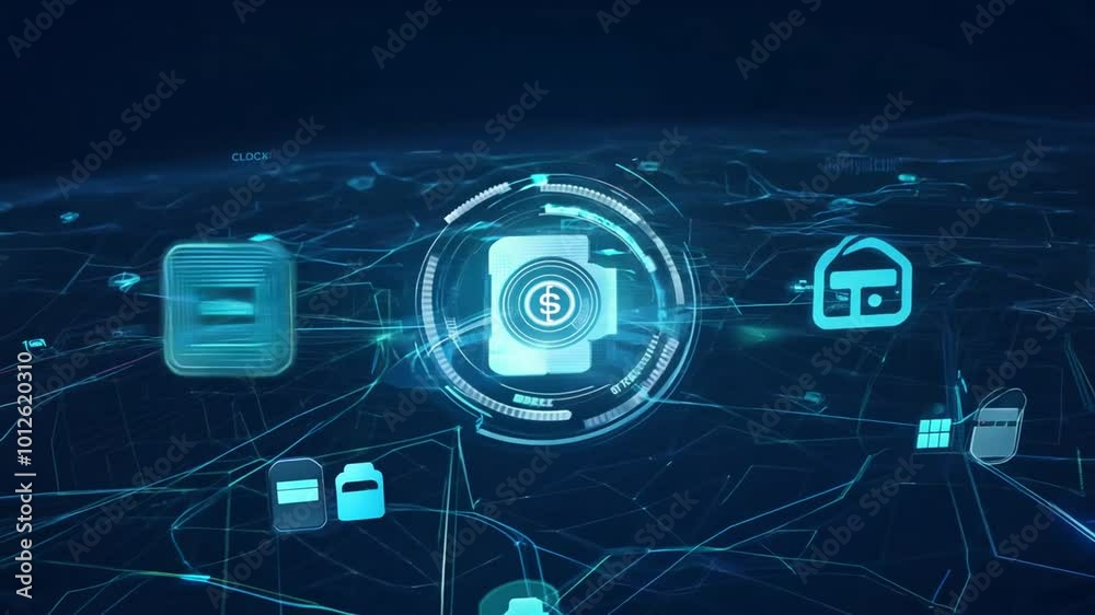 Virtual Bank. Digital technology concept Financial transactions, banking on online networks on dark blue background 4K
