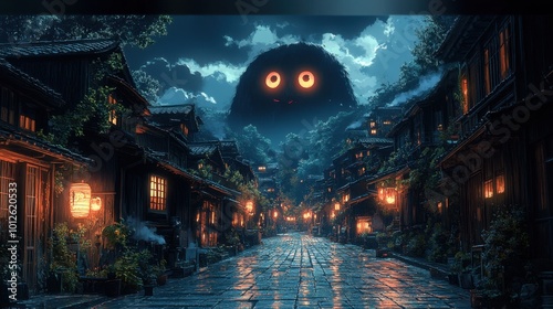 A yokai with glowing eyes lurking in a dimly lit alley of a traditional Japanese village, the surrounding buildings painted in detailed traditional style  photo