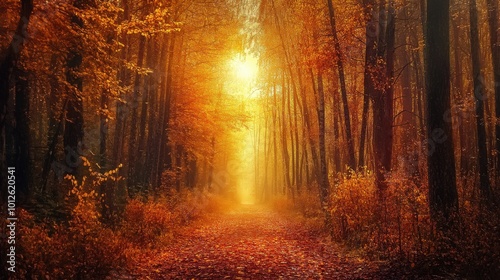 Embrace a peaceful walk on an autumn path, surrounded by a forest ablaze with fiery fall colors for a magical, serene experience