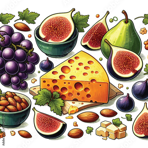 cheese and fruit set, with vibrant illustrations of cheddar cheese wedges, figs, grapes vector