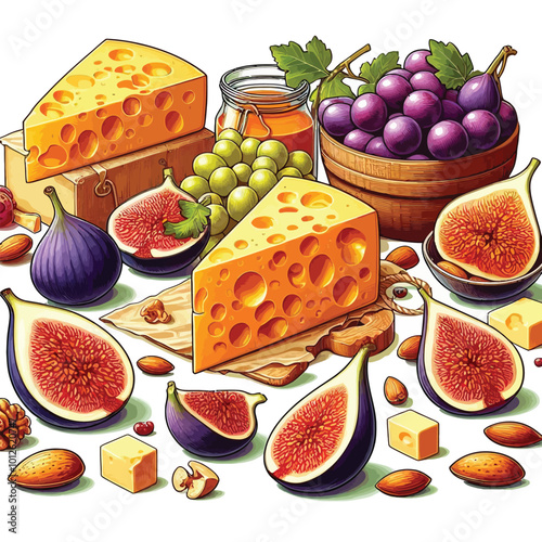 cheese and fruit set, with vibrant illustrations of cheddar cheese wedges, figs, grapes vector