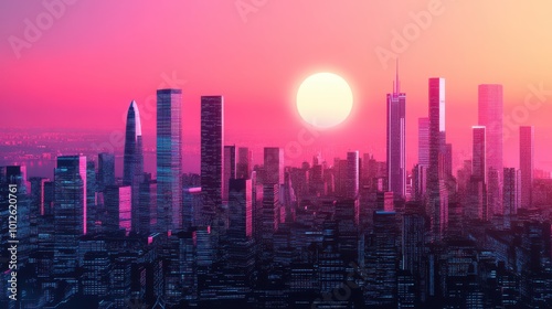 Futuristic city lit by neon lights, towering skyscrapers dominating the skyline