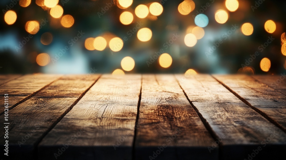 Empty wooden table with a subtle Christmas light ambiance in the background, perfect for seasonal presentations