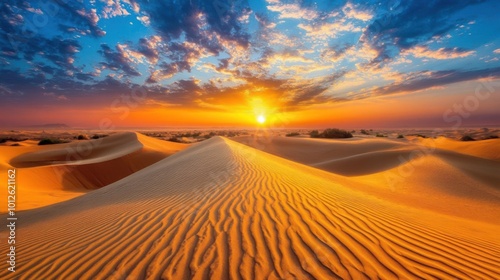 Golden sand dunes reflecting the setting sun, expansive desert view