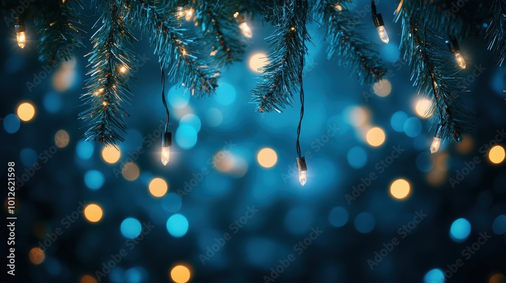 Enchanting background with a blue Christmas garland, decorated with twinkling lights that hang gracefully. Perfect for holiday visuals Enchanting background with a blue Christmas garland, decorated with twinkling lights that hang gracefully. Perfect for holiday visuals