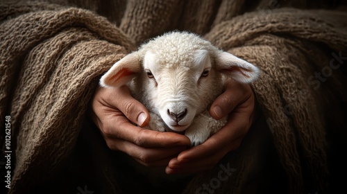 The hands of Jesus Christ gently holding a lamb. Conceptual image depicting a sense of protection and care. AI generated image photo