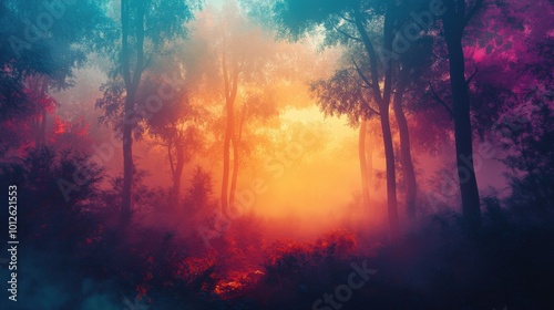 Enchanted forest scene with thick fog and a captivating mix of vivid, otherworldly colors