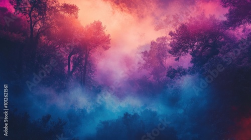 Enchanted forest scene with thick fog and a captivating mix of vivid, otherworldly colors