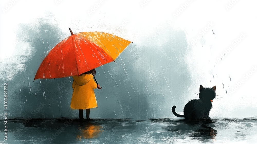 custom made wallpaper toronto digitalA zoomed-out minimal cartoon of a child and a cat under a large umbrella in the rain, surrounded by open space in watercolor on a white background 
