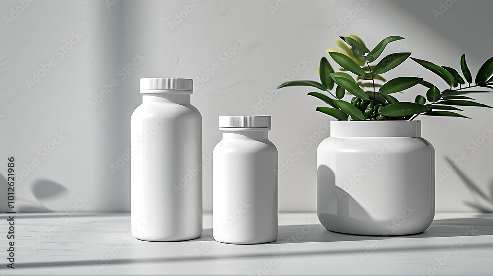 Three white bottles with a plant in a white pot on a white counter top with a white background. Three white bottles with a plant in a white pot on a white counter top with a white background.