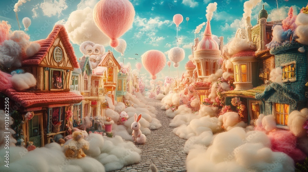 Enchanting street with houses and shops made from clouds and cotton candy, filled with lively rabbits and vibrant wool-felt balloons Enchanting street with houses and shops made from clouds and cotton candy, filled with lively rabbits and vibrant wool-felt balloons