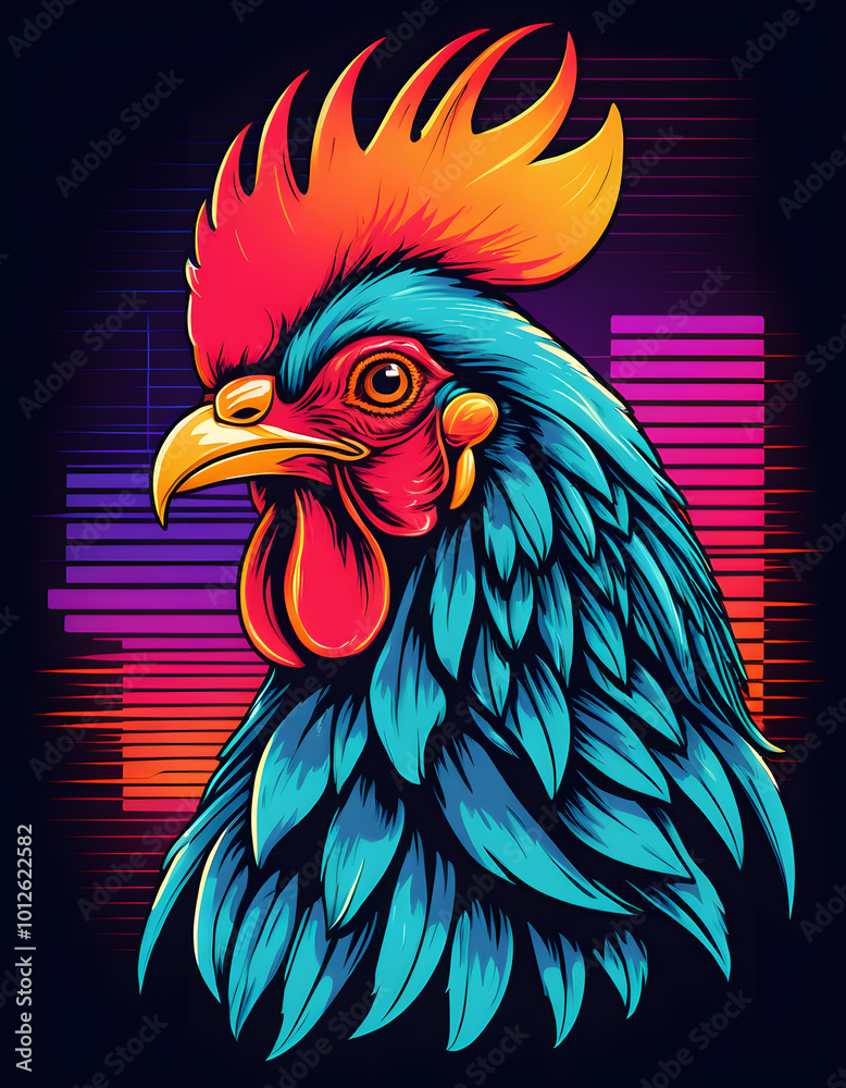 A drawing of a chicken with a red mane and a blue shirt A drawing of a chicken with a red mane and a blue shirt