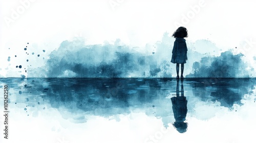 A zoomed-out minimal cartoon of a child looking at their reflection in a large puddle, surrounded by raindrops on a white watercolor background 