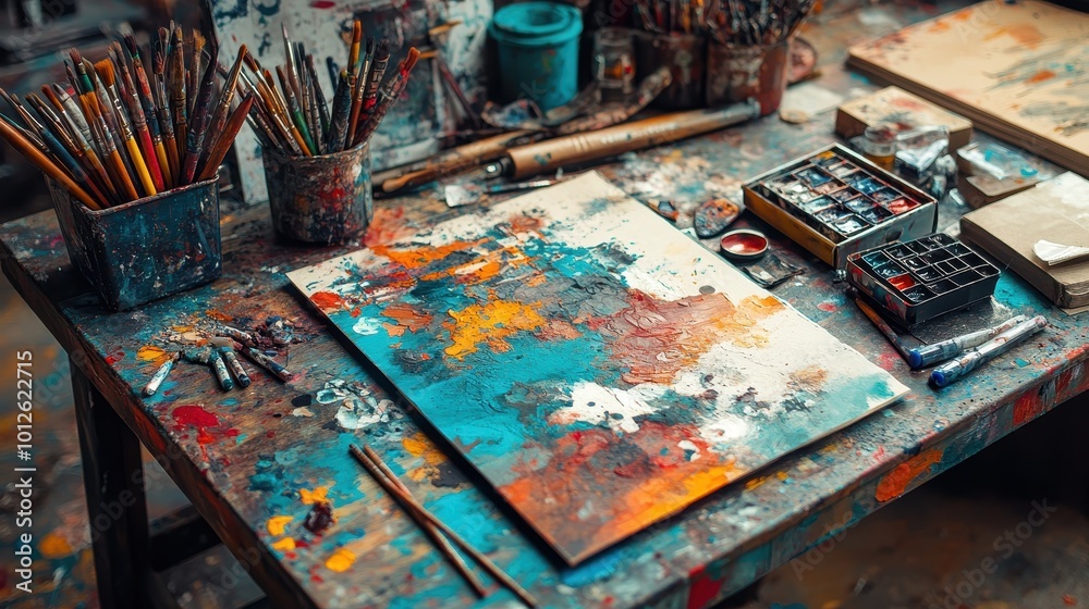 A vibrant desk brimming with ink-stained papers and an array of colorful pens captures the essence of artistic expression in motion. A vibrant desk brimming with ink-stained papers and an array of colorful pens captures the essence of artistic expression in motion.