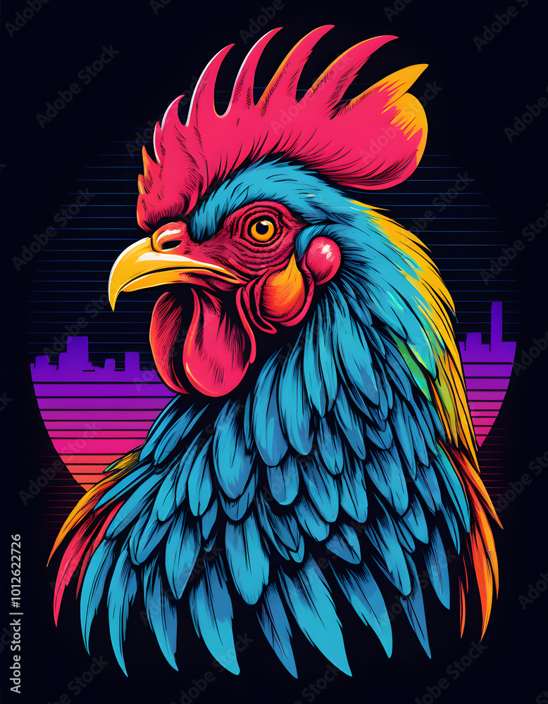 A drawing of a chicken with a red mane and a blue shirt A drawing of a chicken with a red mane and a blue shirt